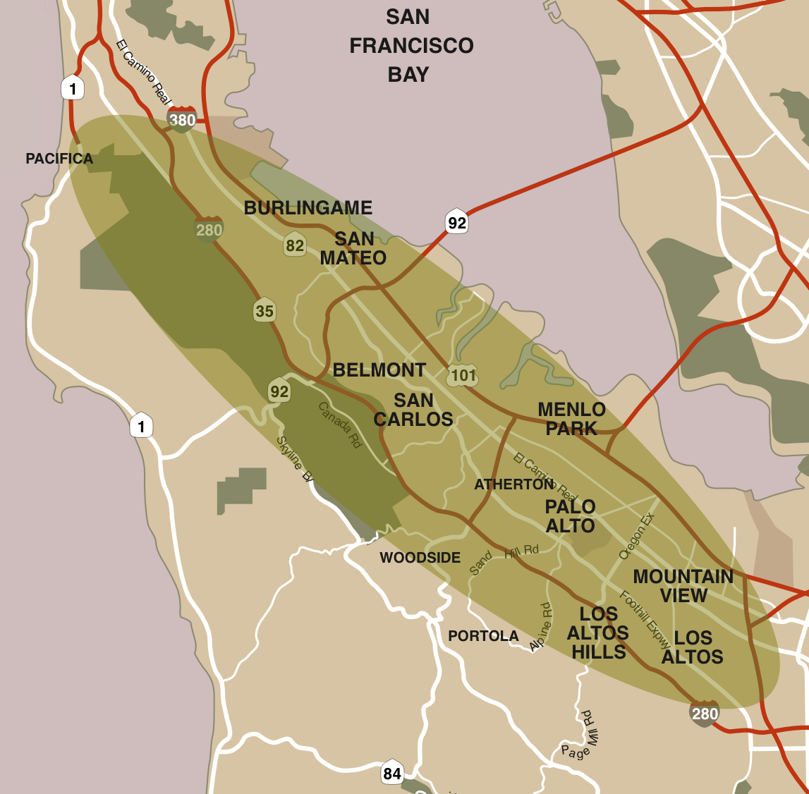 San Francisco Bay Area service area map showing Palo Alto, Los Altos, Mountain View, and surrounding cities